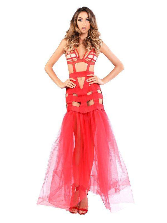 AL-A1041 ALLURE ADORE COCO ENCHANTING SLEEVELESS SEQUINS & SHEER HIGH NECK BODY RED