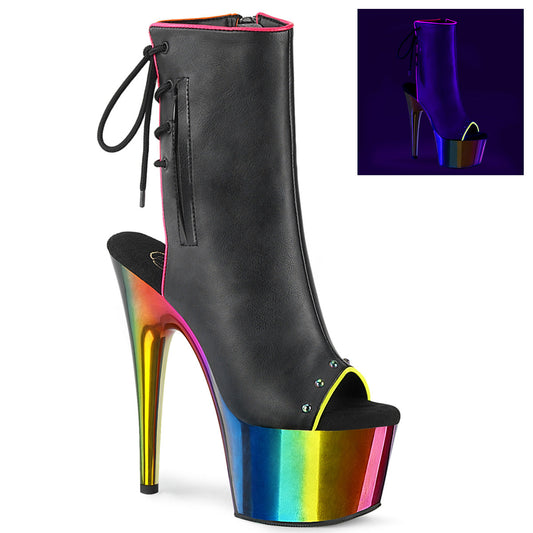 ADORE-1018RC-02 Strippers Heels Pleaser Platforms (Exotic Dancing) Blk Faux Leather/Rainbow Chrome