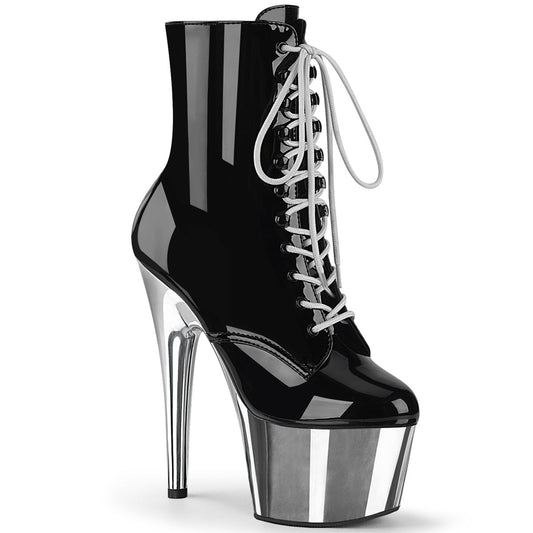 ADORE-1020 Strippers Heels Pleaser Platforms (Exotic Dancing) Blk Pat/Slv Chrome