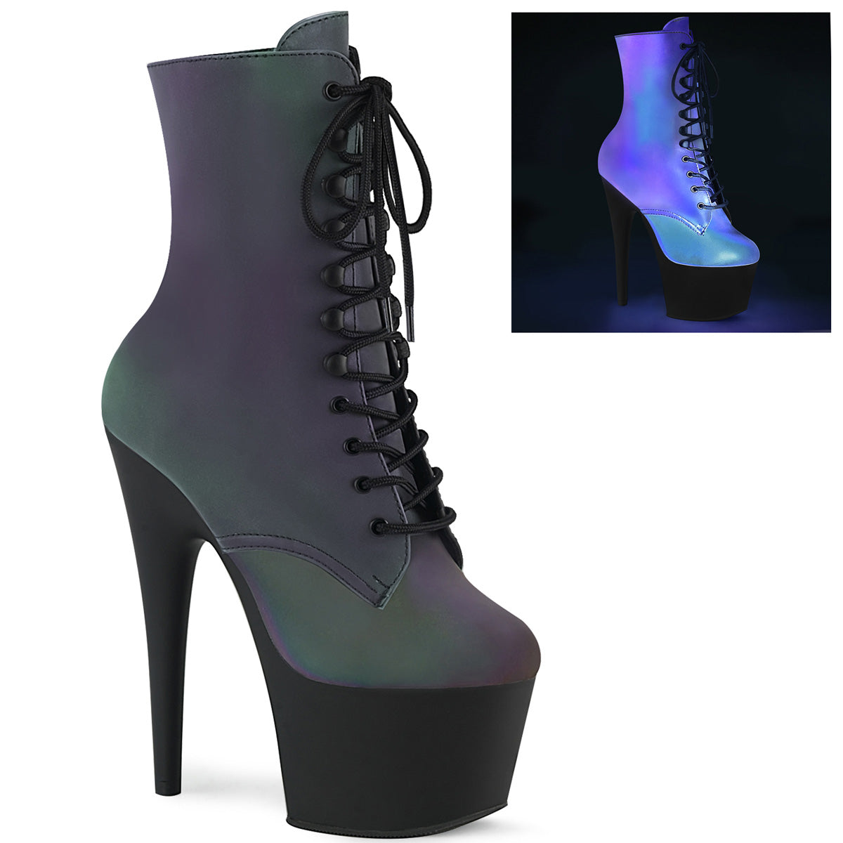 ADORE-1020REFL Strippers Heels Pleaser Platforms (Exotic Dancing) Green Multi Reflective/Blk Matte