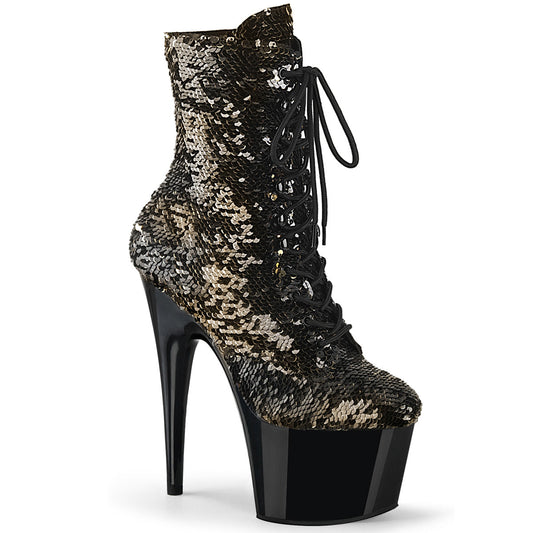 ADORE-1020SQ Strippers Heels Pleaser Platforms (Exotic Dancing) Blk-Gold Flip Sequins/Blk