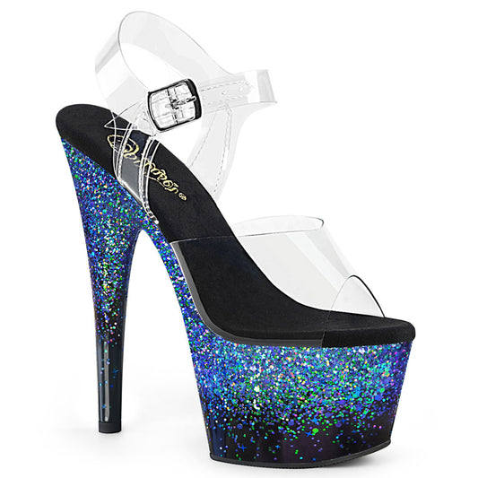 ADORE-708SS Strippers Heels Pleaser Platforms (Exotic Dancing) Clr/Blk-Blue Multi Glitter