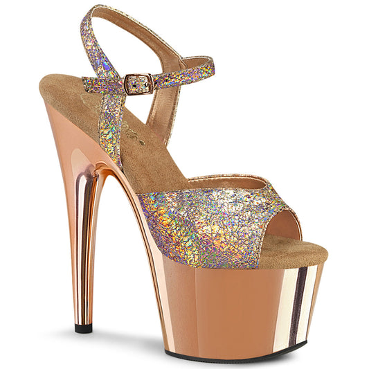 ADORE-709HM Strippers Heels Pleaser Platforms (Exotic Dancing) Rose Gold Holo Metallic Pu/Rose Gold Chrome