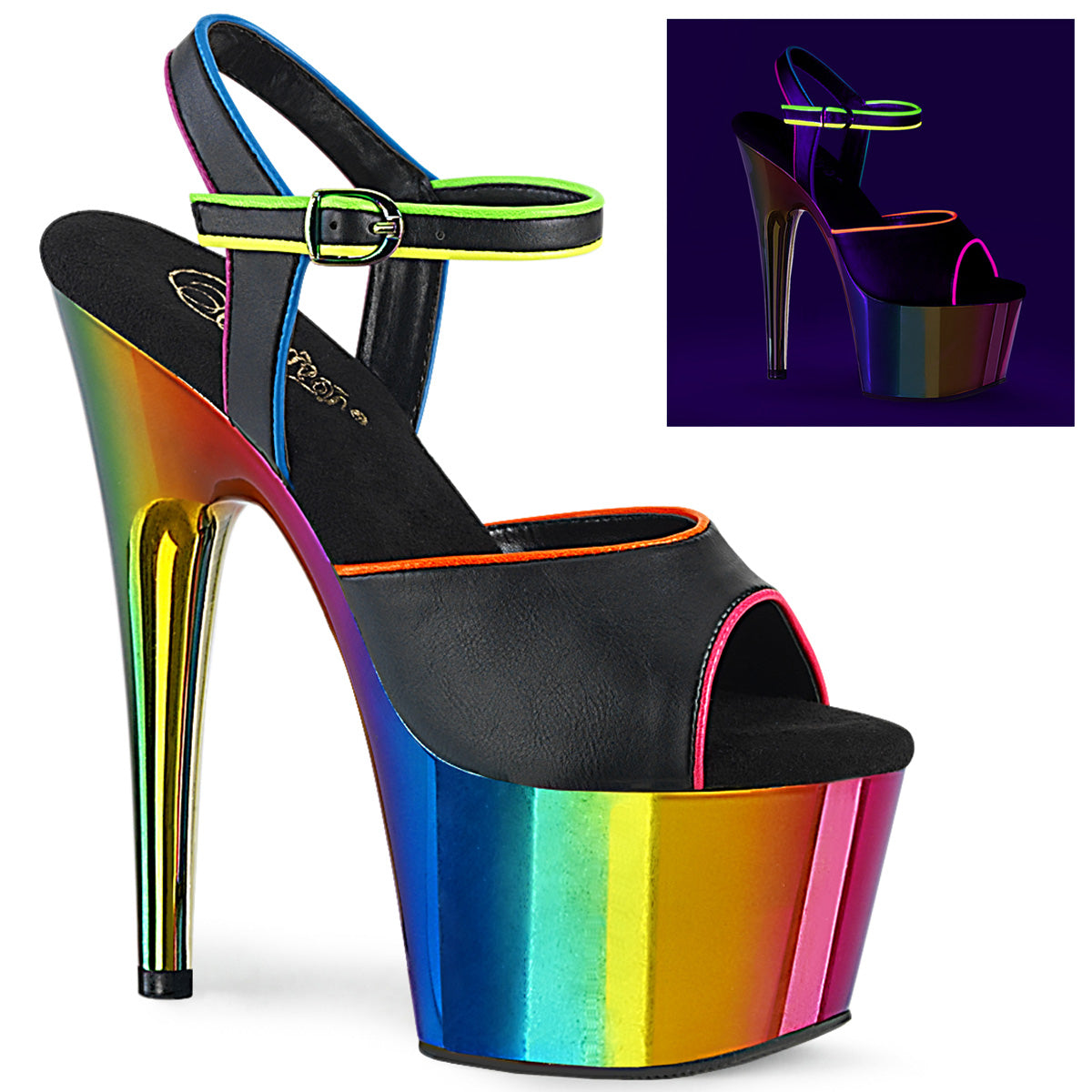 ADORE-709RC-02 Strippers Heels Pleaser Platforms (Exotic Dancing) Blk Faux Leather/Rainbow Chrome