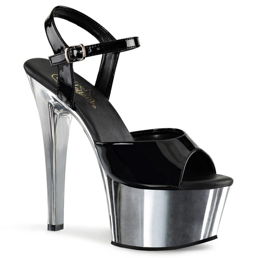 ASPIRE-609 Strippers Heels Pleaser Platforms (Exotic Dancing) Blk Pat/Slv Chrome