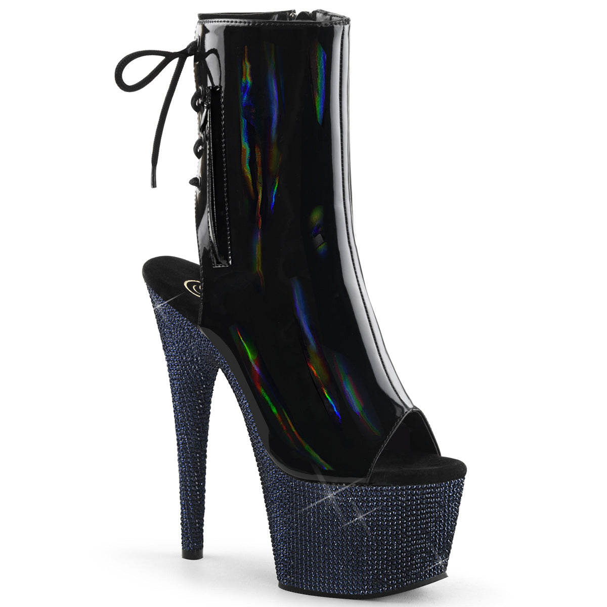 BEJEWELED-1018DM-7 Strippers Heels Pleaser Platforms (Exotic Dancing) Blk Holo Pat/Midnight Blk RS