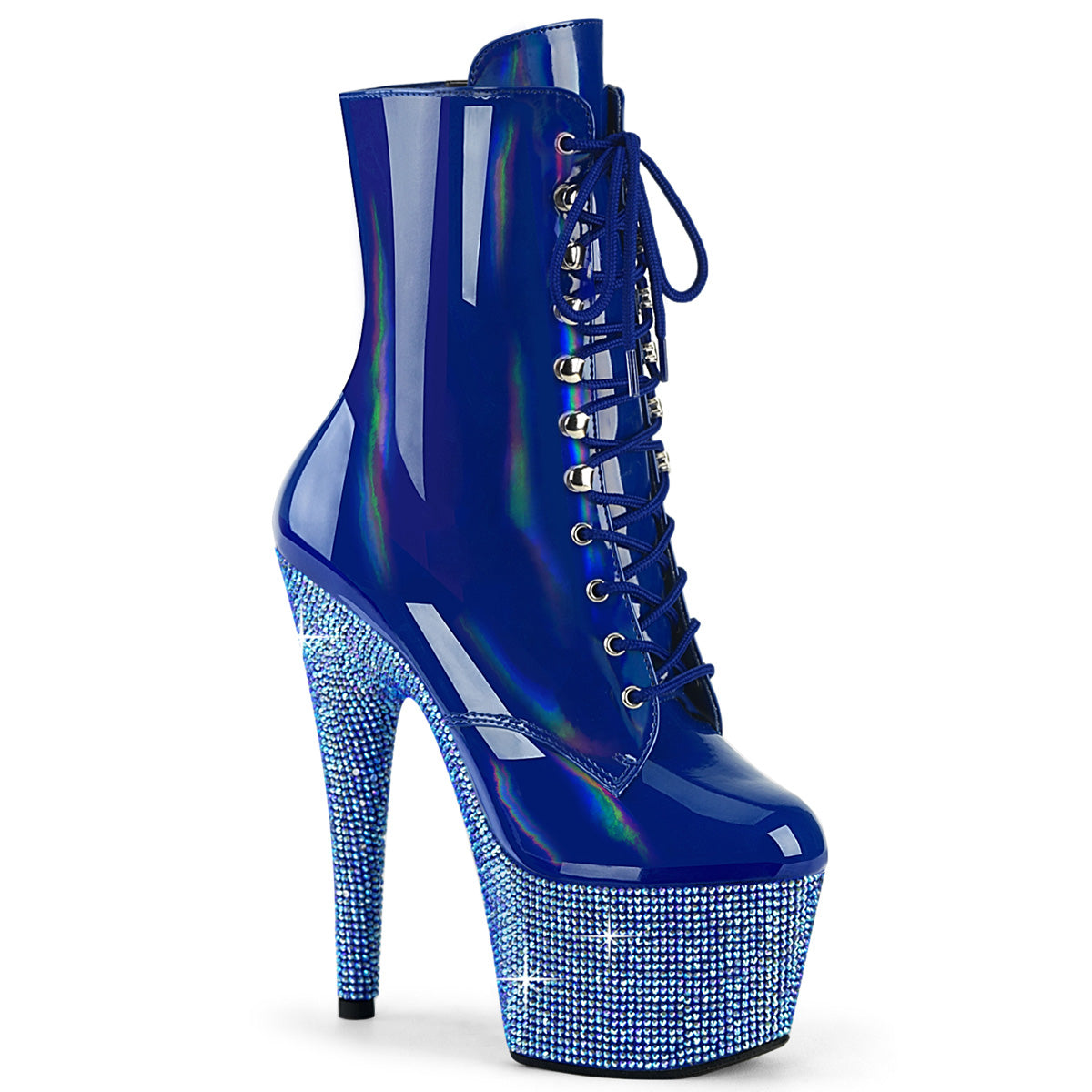 BEJEWELED-1020-7 Strippers Heels Pleaser Platforms (Exotic Dancing) Blue Holo Pat/Blue AB RS