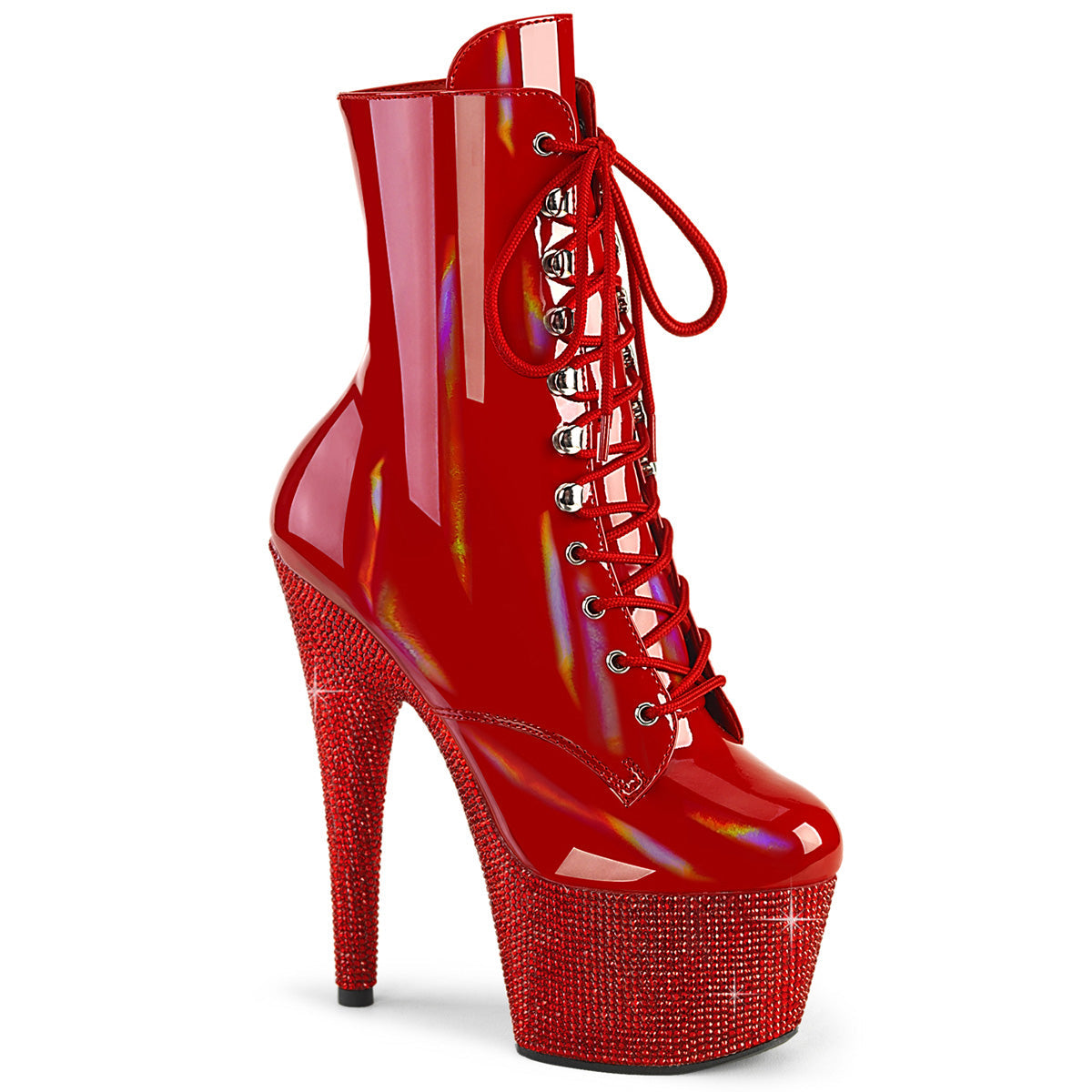 BEJEWELED-1020-7 Strippers Heels Pleaser Platforms (Exotic Dancing) Red Holo Pat/Red RS