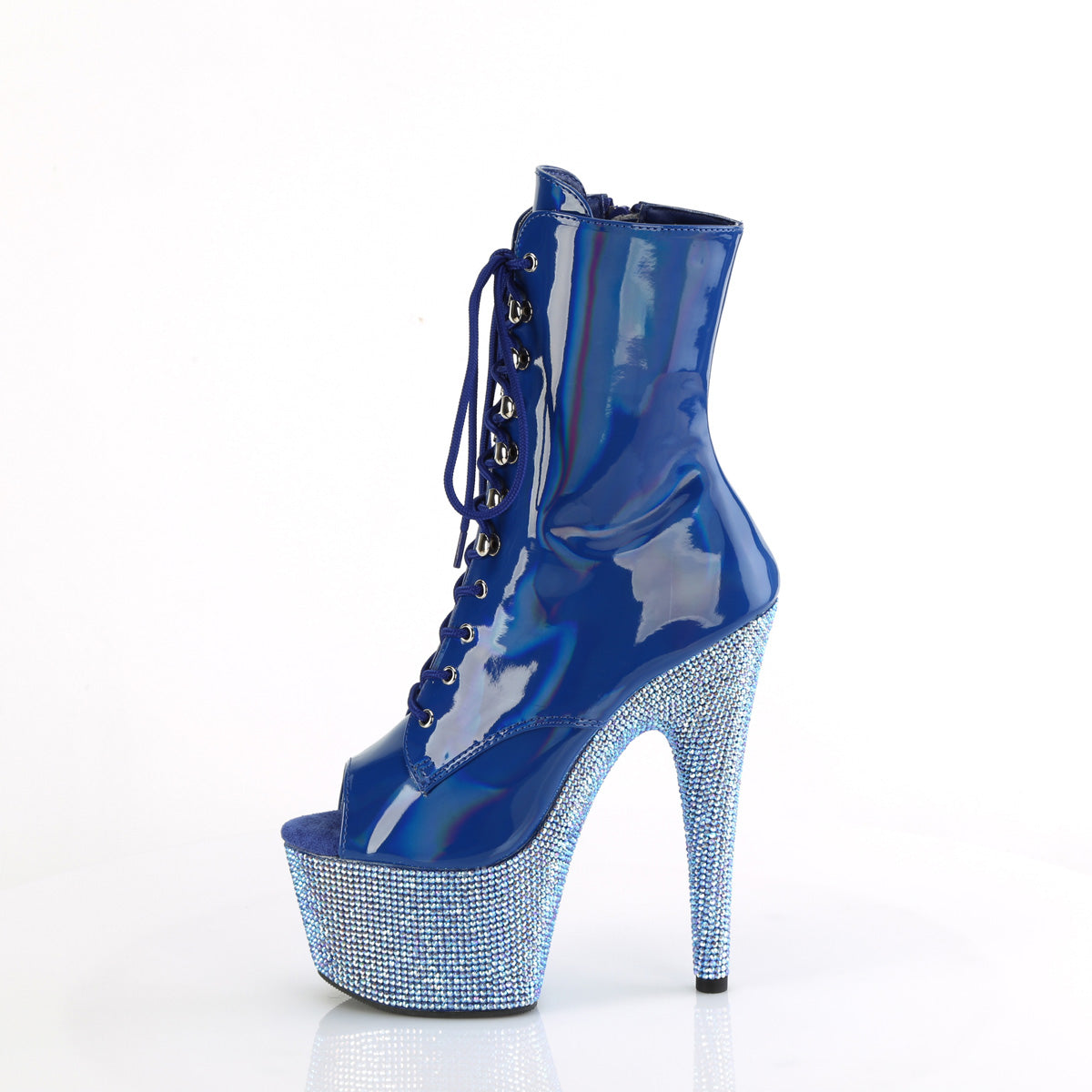 BEJEWELED-1021-7 Pleaser Blue Holo Patent/Blue AB Rhinestones Platform Shoes (Sexy Ankle Boots)