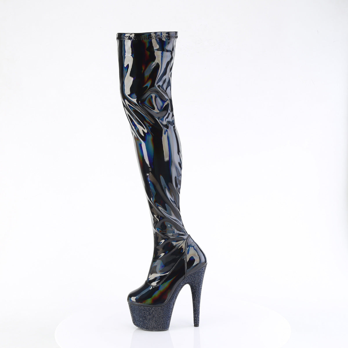 BEJEWELED-3000-7 Pleaser Black Stretch Holo Patentidnight Black Rhinestones Platform Shoes (Sexy Thigh High Boots)