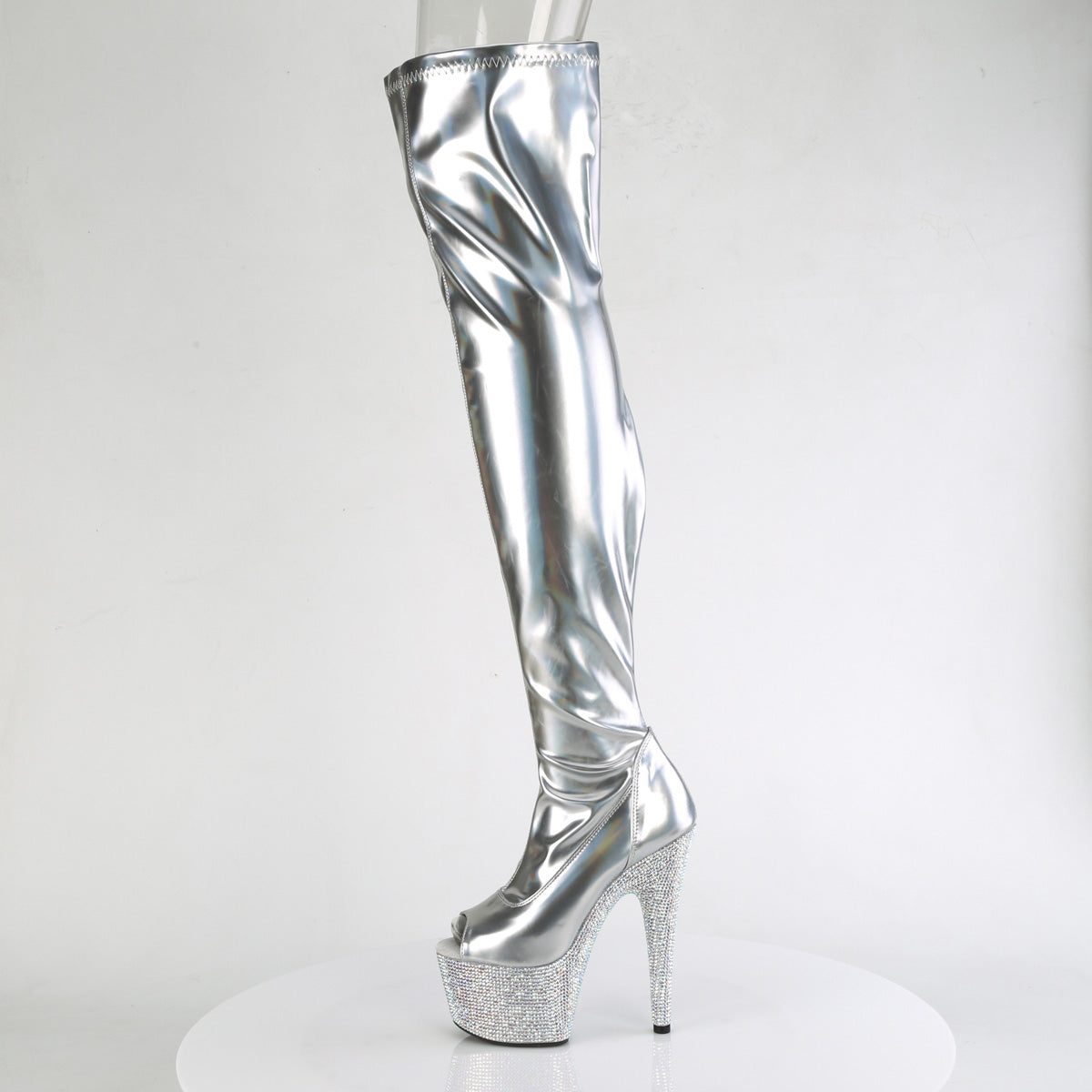 BEJEWELED-3011-7 Pleaser Silver Stretch Holo Patent/Silver AB Rhinestones Platform Shoes (Sexy Thigh High Boots)