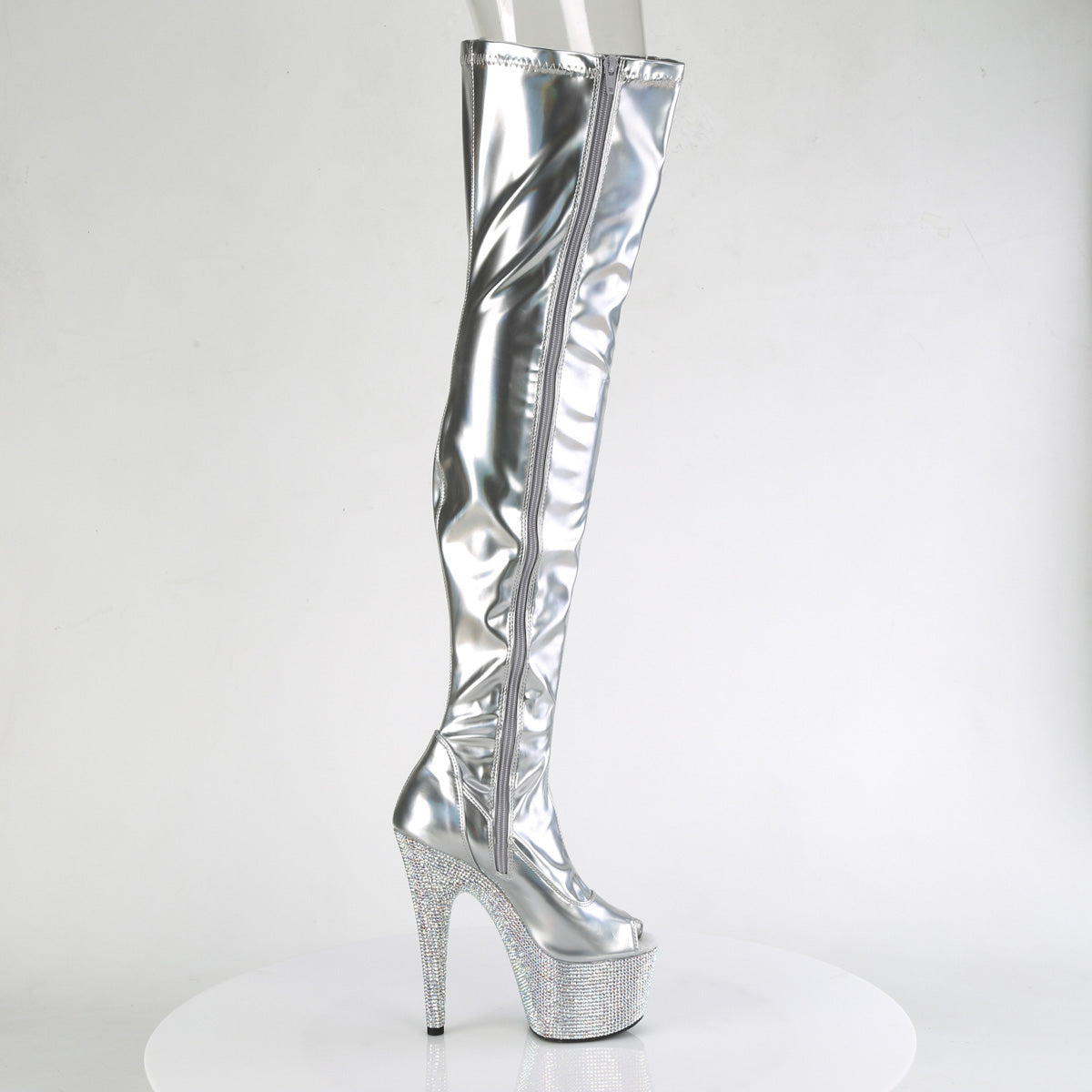 BEJEWELED-3011-7 Pleaser Silver Stretch Holo Patent/Silver AB Rhinestones Platform Shoes (Sexy Thigh High Boots)