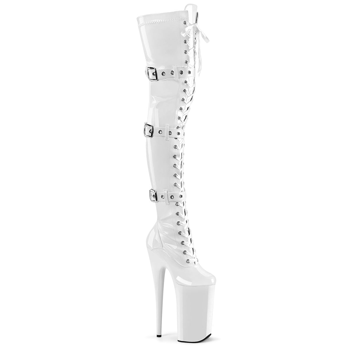 BEYOND-3028 Strippers Heels Pleaser Platforms (Exotic Dancing) Wht Str Pat/Wht