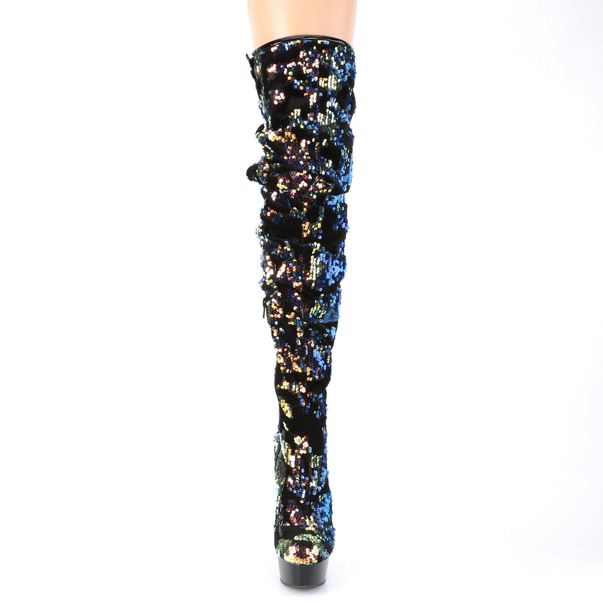 DELIGHT-3004 Pleaser Blue Iridescent Sequins/Black Platform Shoes (Sexy Thigh High Boots)