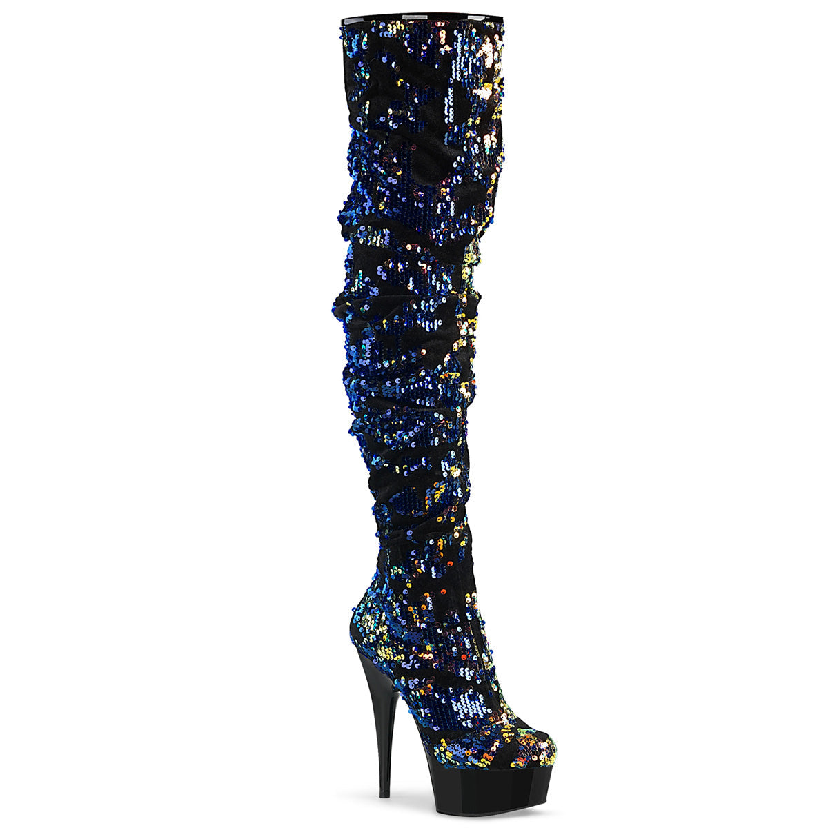 DELIGHT-3004 Strippers Heels Pleaser Platforms (Exotic Dancing) Blue Iridescent Sequins/Blk