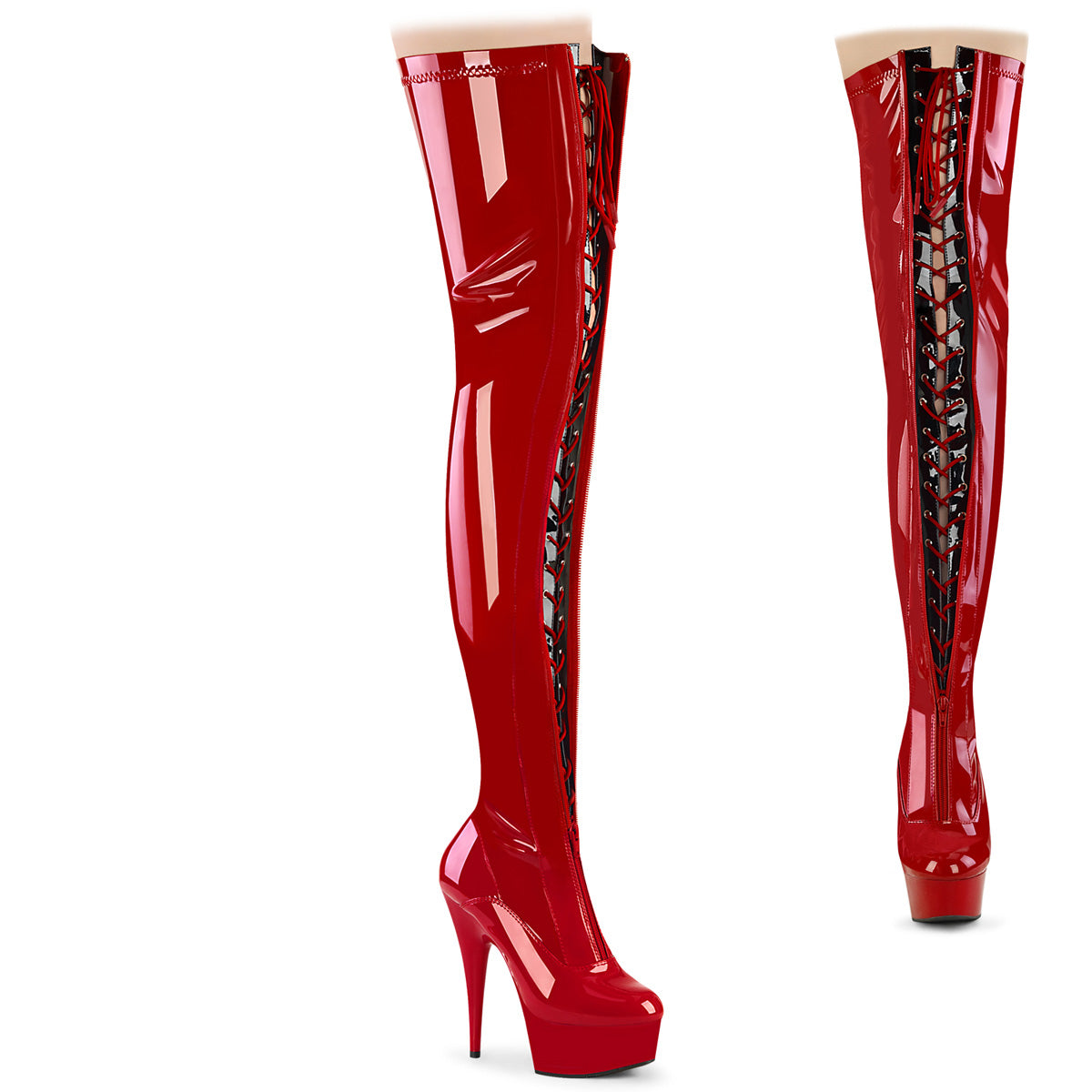 DELIGHT-3027 Strippers Heels Pleaser Platforms (Exotic Dancing) Red-Blk Str. Pat/Red