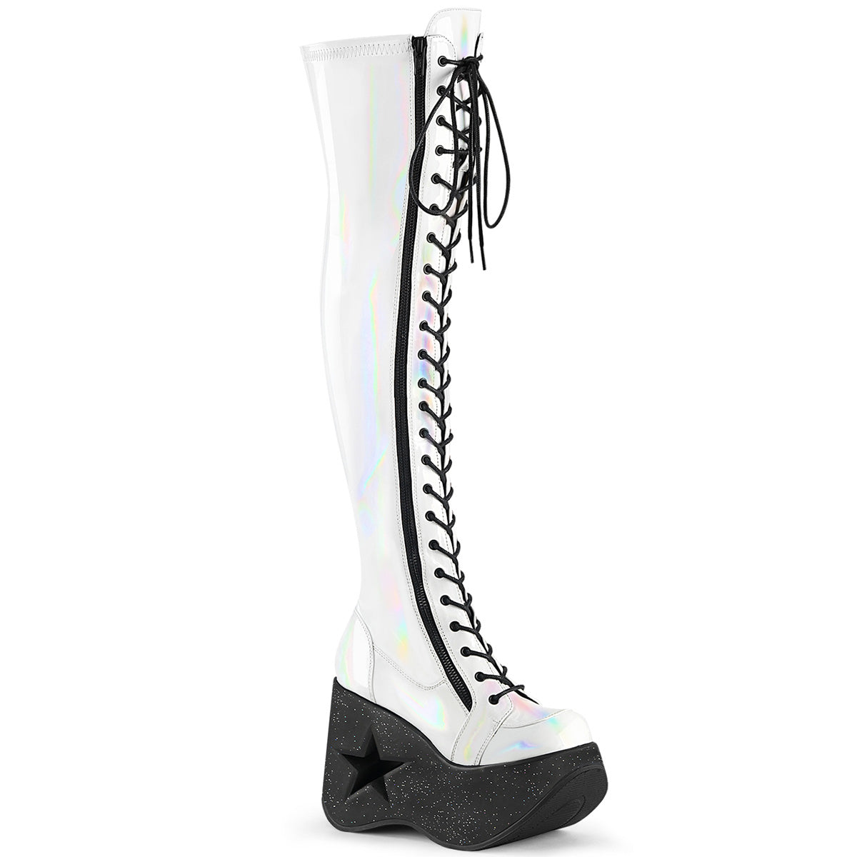 DYNAMITE-300 Alternative Footwear Demonia Women's Over-the-Knee Boots Wht Stretch Holo