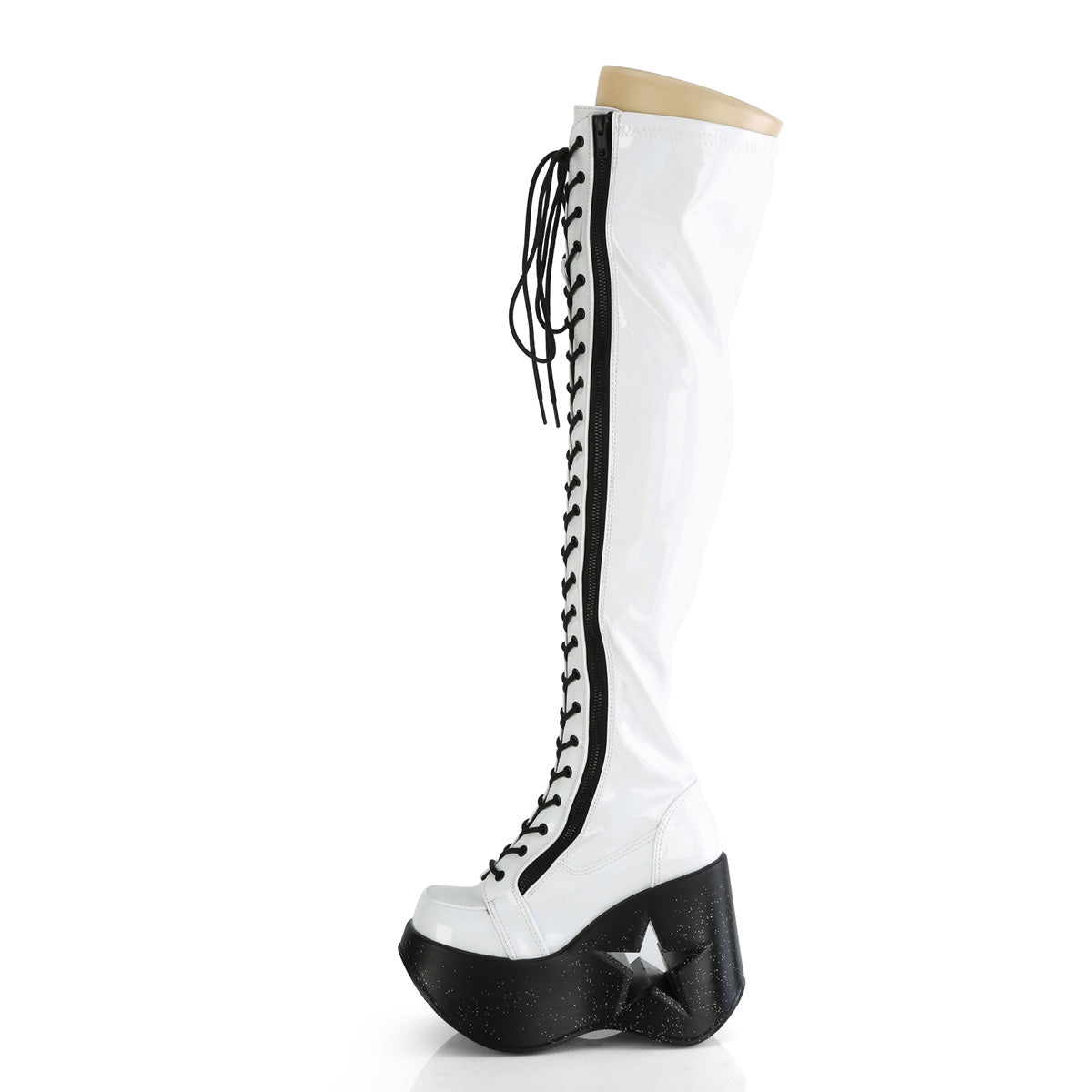 DYNAMITE-300 Demonia White Stretch Holo Women's Over-the-Knee Boots (Sexy Shoes)