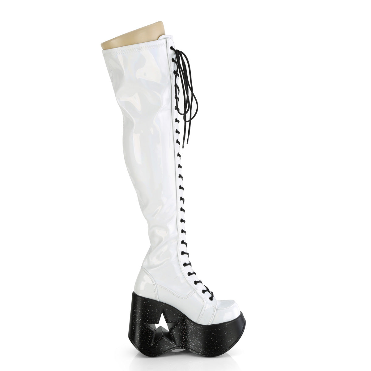 DYNAMITE-300 Demonia White Stretch Holo Women's Over-the-Knee Boots (Sexy Shoes)