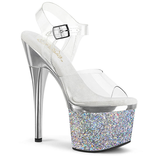 ESTEEM-708CHLG Strippers Heels Pleaser Platforms (Exotic Dancing) Clr/Slv Chrome-Multi Glitter