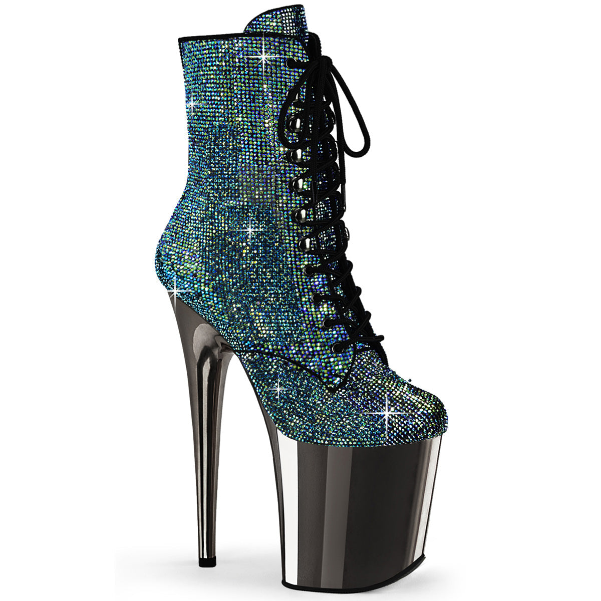 FLAMINGO-1020CHRS Strippers Heels Pleaser Platforms (Exotic Dancing) Turquoise Multi RS/Pewter Chrome