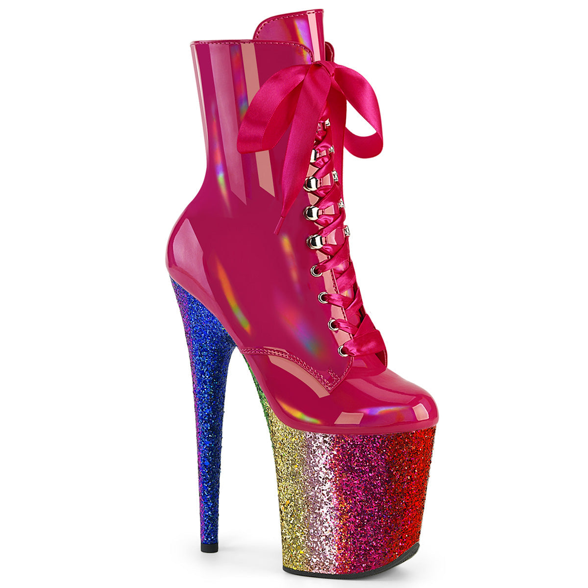 FLAMINGO-1020HG Strippers Heels Pleaser Platforms (Exotic Dancing) H. Pink Holo Pat/Rainbow Glitter