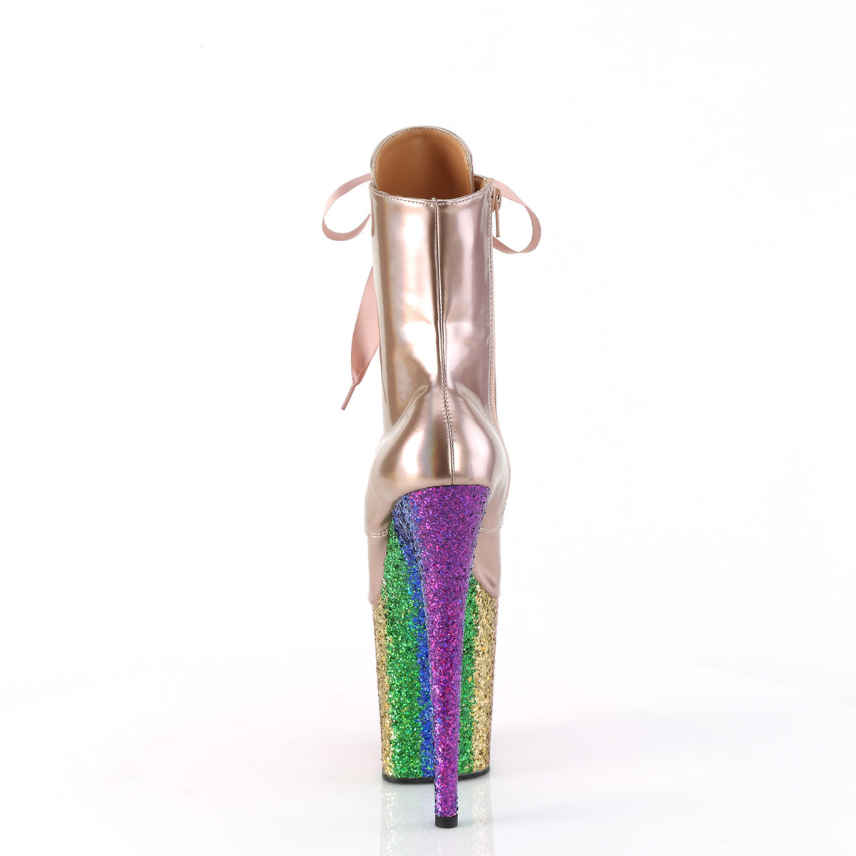 FLAMINGO-1020HG Pleaser Rose Gold Holo Patent/Rainbow Glitter Platform Shoes (Sexy Ankle Boots)