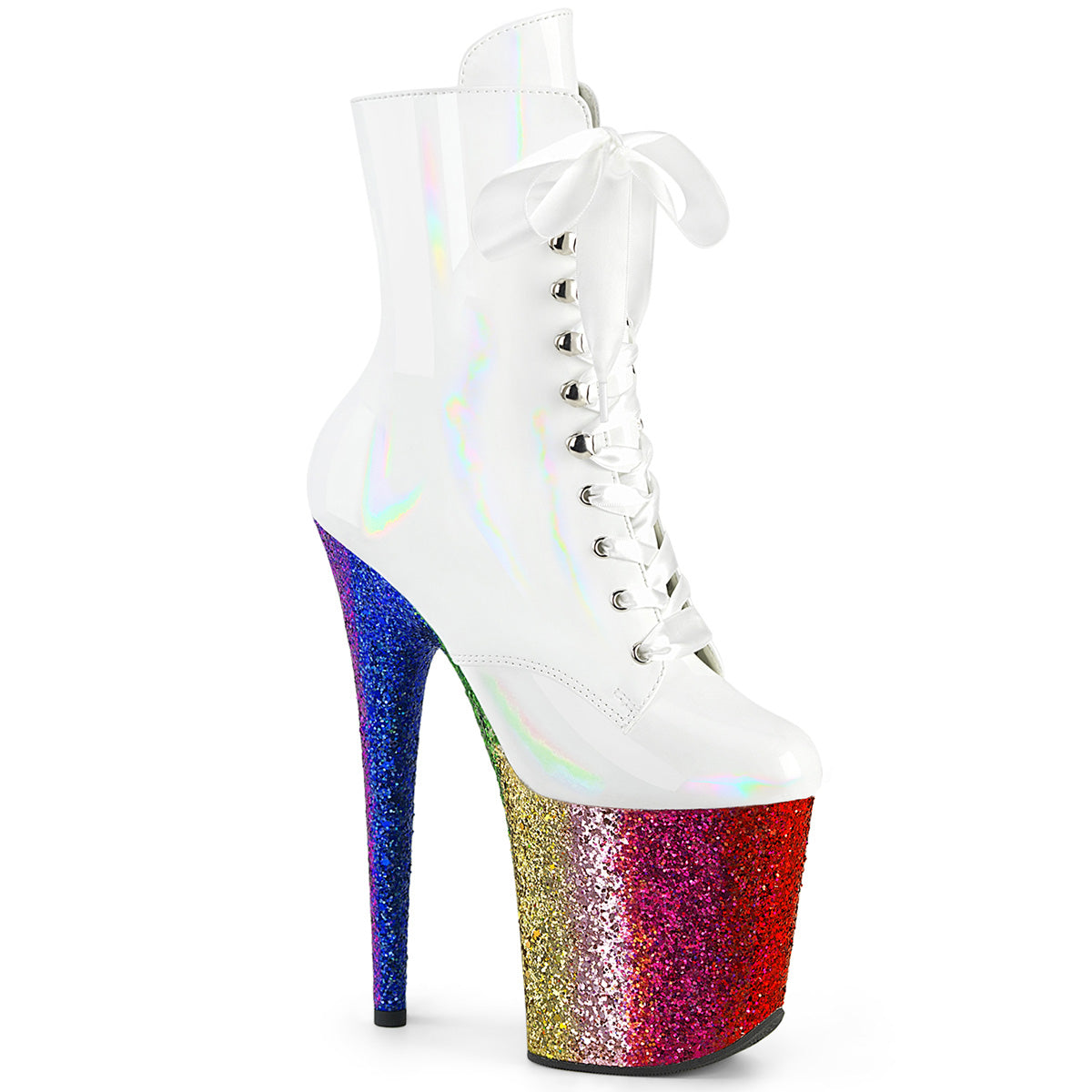 FLAMINGO-1020HG Strippers Heels Pleaser Platforms (Exotic Dancing) Wht Holo Pat/Rainbow Glitter