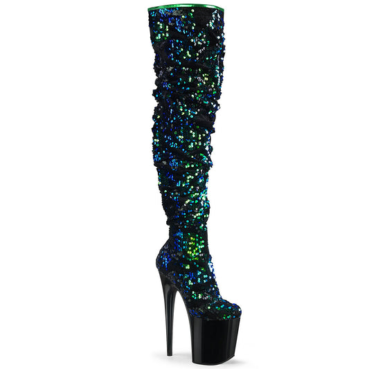 FLAMINGO-3004 Strippers Heels Pleaser Platforms (Exotic Dancing) Green Iridescent Sequins/Blk