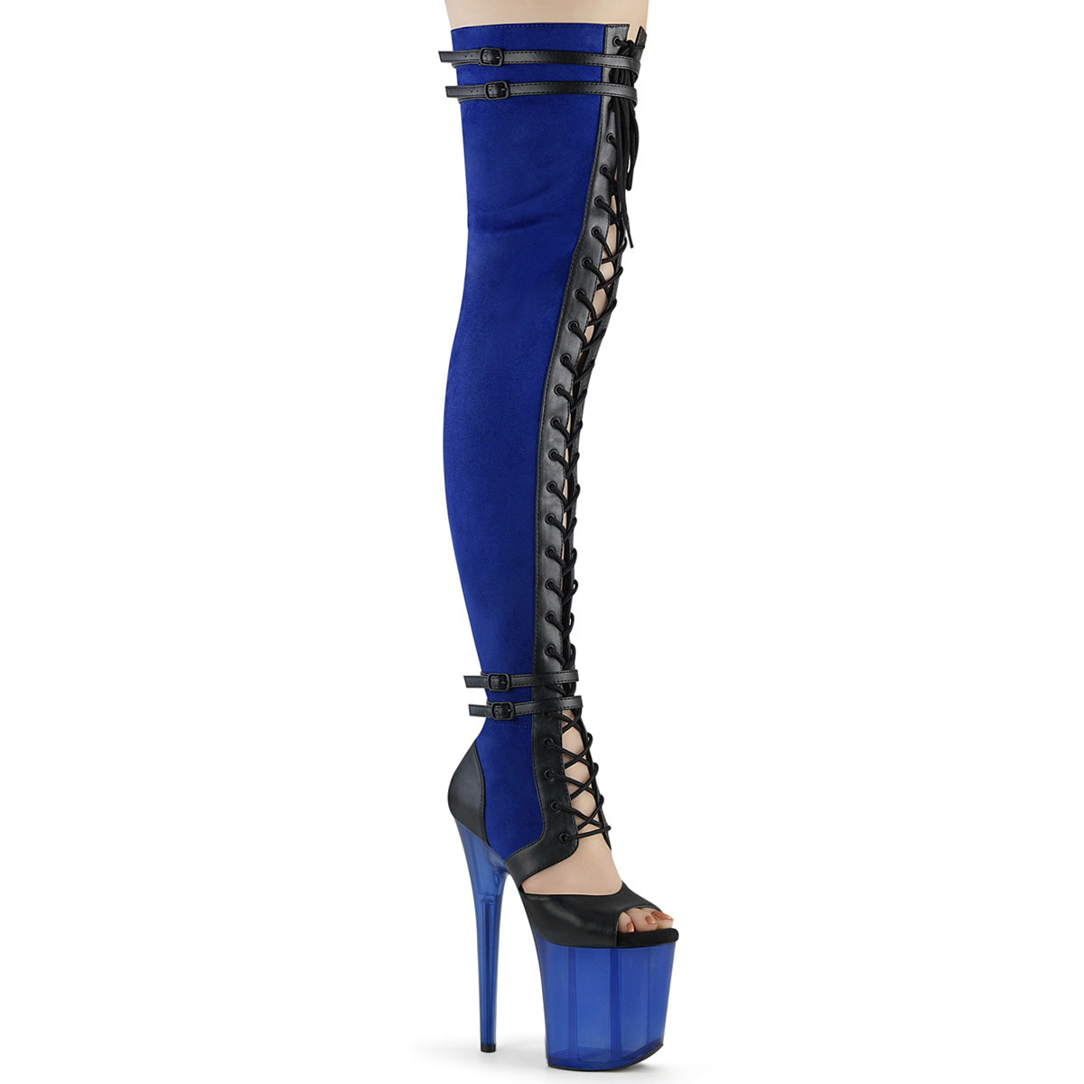 FLAMINGO-3027 Strippers Heels Pleaser Platforms (Exotic Dancing) Blue Faux Suede-Blk Faux Leather/Frosted Blue