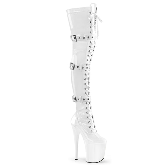 FLAMINGO-3028 Strippers Heels Pleaser Platforms (Exotic Dancing) Wht Str. Pat/Wht