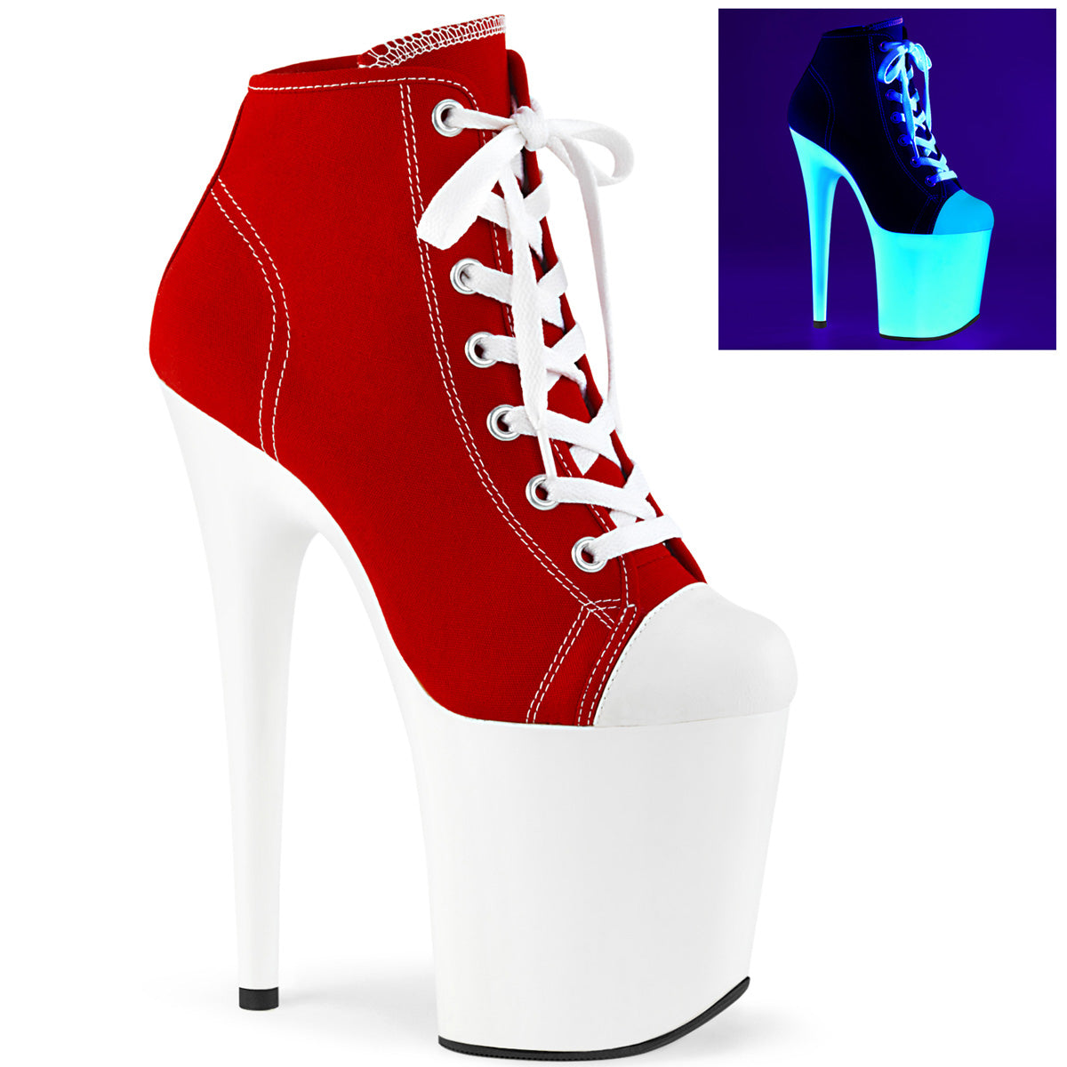 FLAMINGO-800SK-02 Pleaser Red Canvas/Neon White Platform Shoes (Sexy Ankle Boots)