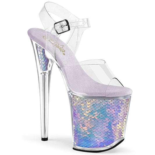 FLAMINGO-808MC Strippers Heels Pleaser Platforms (Exotic Dancing) Clr/Lavender Hologram Inserts