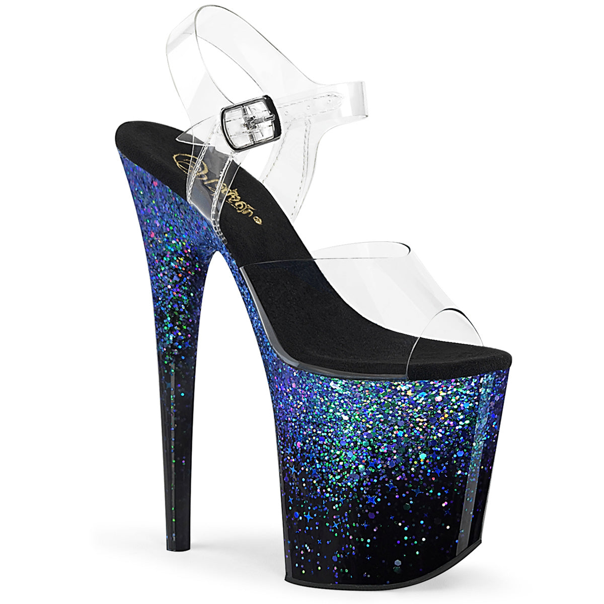 FLAMINGO-808SS Strippers Heels Pleaser Platforms (Exotic Dancing) Clr/Blk-Blue Multi Glitter