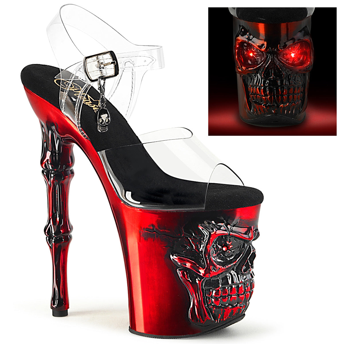 RAPTURE-808-LT Strippers Heels Pleaser Platforms (Exotic Dancing) Clr/Satin Red Chrome