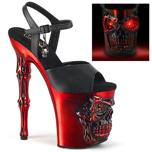 RAPTURE-809-LT Strippers Heels Pleaser Platforms (Exotic Dancing) Blk Faux Leather/Satin Red Chrome