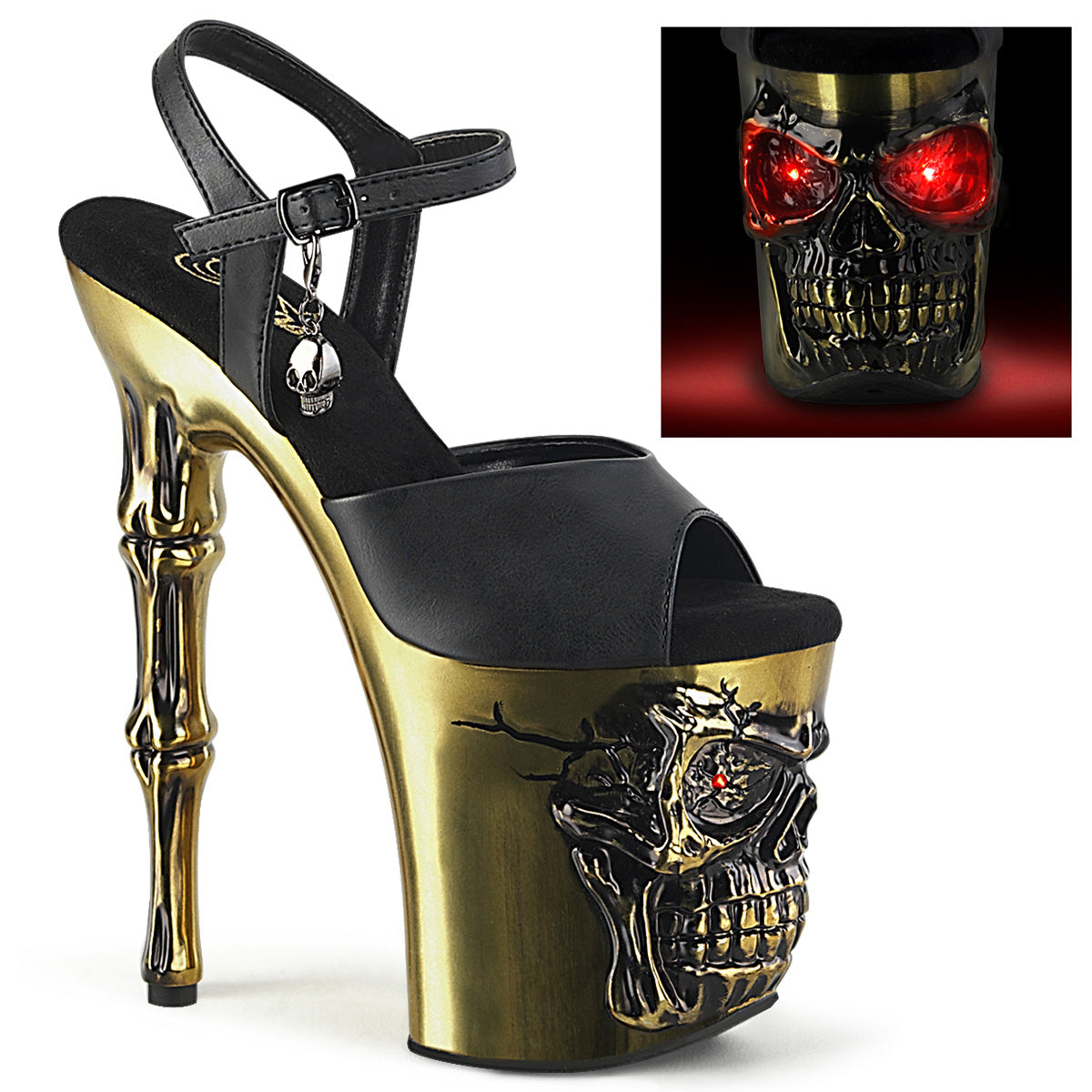 RAPTURE-809-LT Strippers Heels Pleaser Platforms (Exotic Dancing) Blk Faux Leather/Satin Brass Chrome