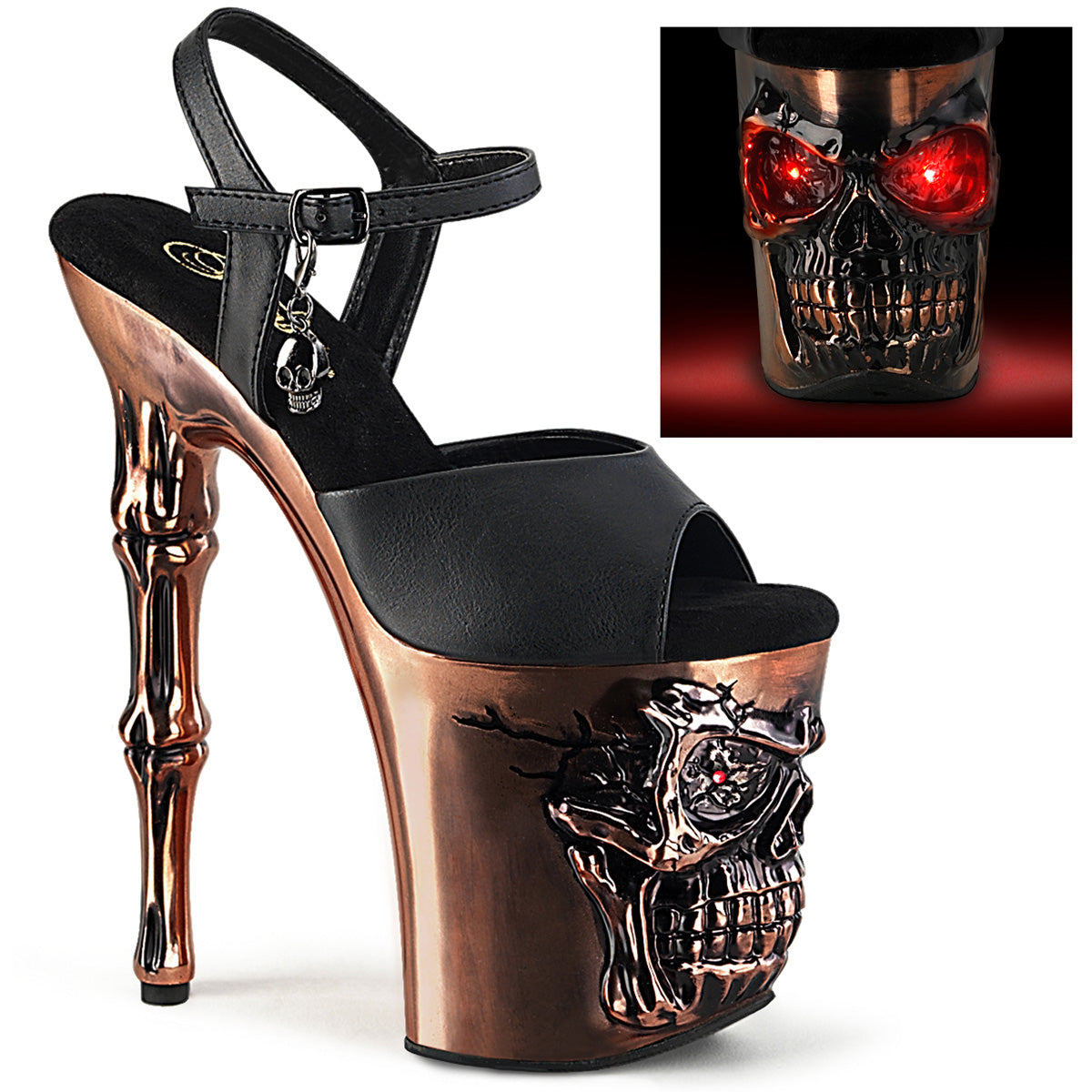 RAPTURE-809-LT Strippers Heels Pleaser Platforms (Exotic Dancing) Blk Faux Leather/Satin Copper Chrome