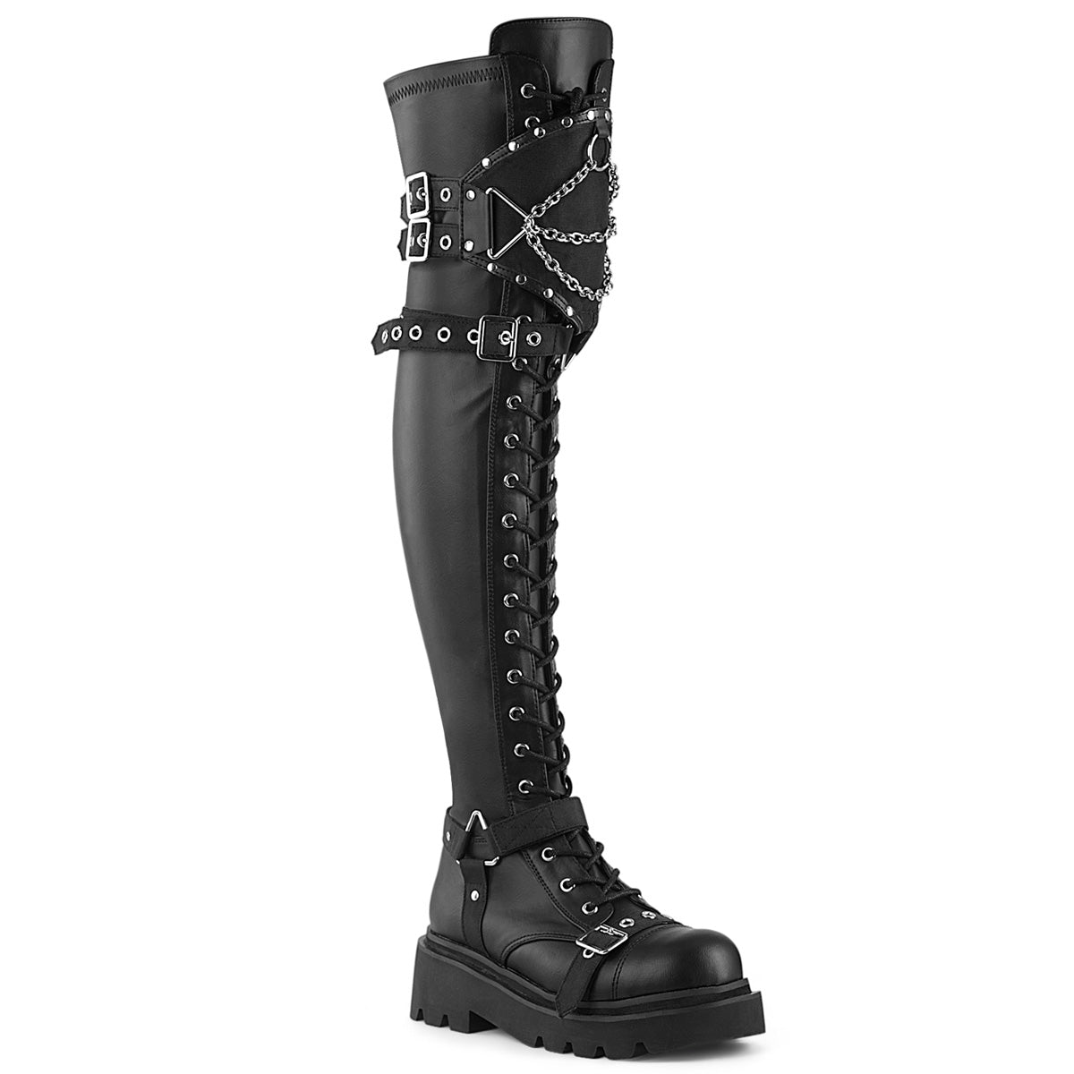 RENEGADE-320 Alternative Footwear Demonia Women's Over-the-Knee Boots Blk Stretch Vegan Leather