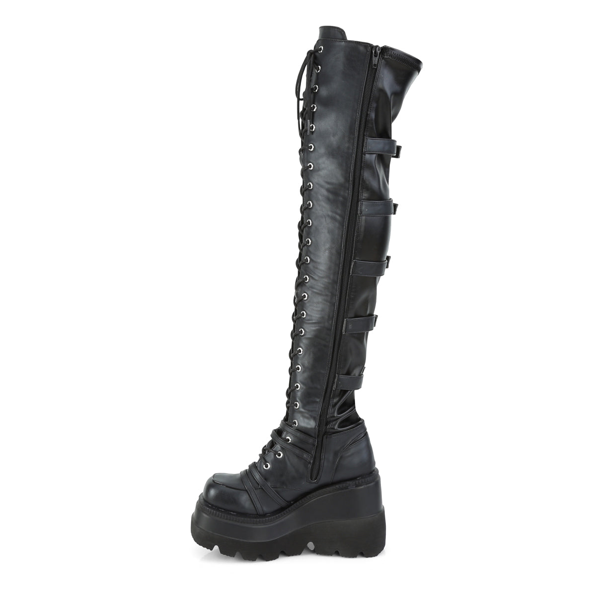 SHAKER-350 Demonia Black Veagn Leather-Stretch Women's Over-the-Knee Boots (Sexy Shoes)