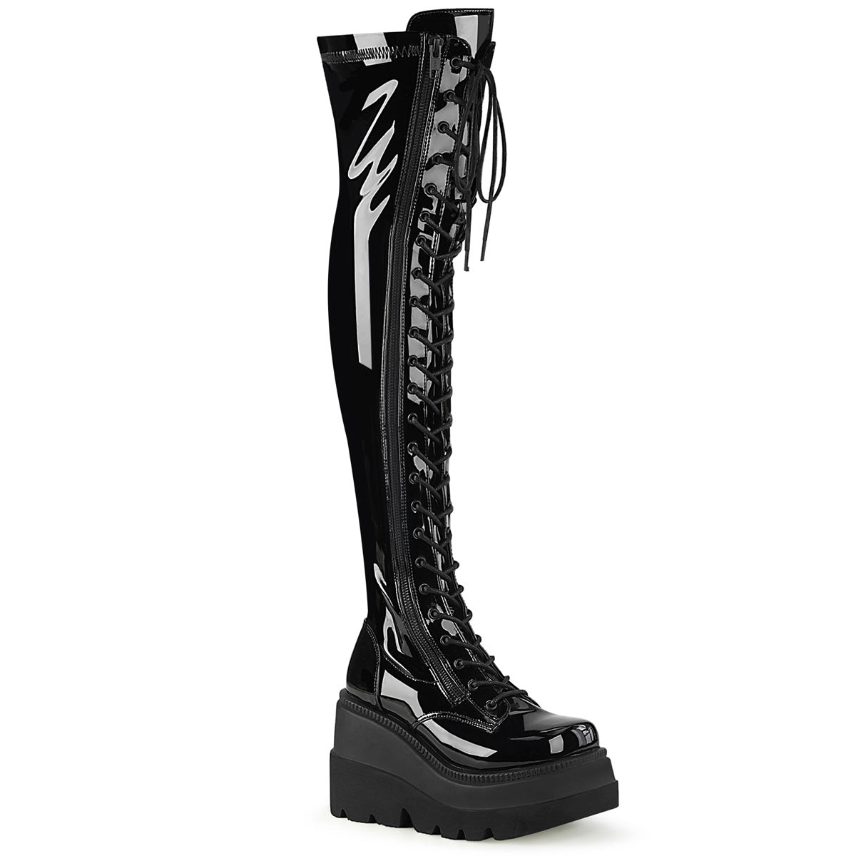 SHAKER-374 Alternative Footwear Demonia Women's Over-the-Knee Boots Blk Stretch Patent