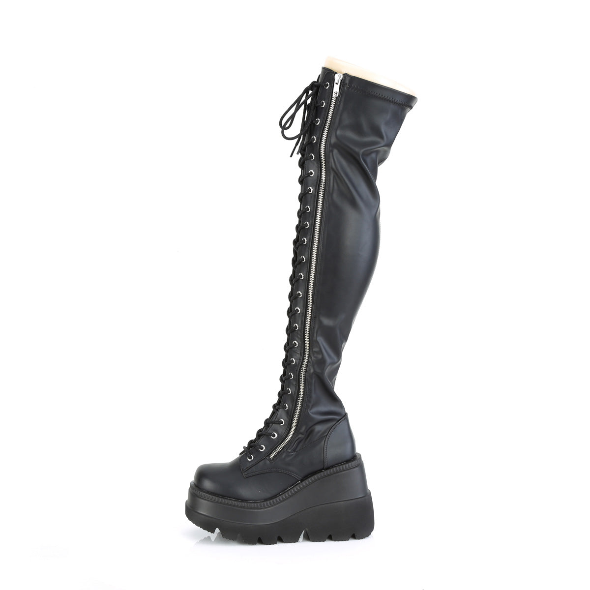 SHAKER-374 Demonia Black Stretch Vegan Leather Women's Over-the-Knee Boots (Sexy Shoes)