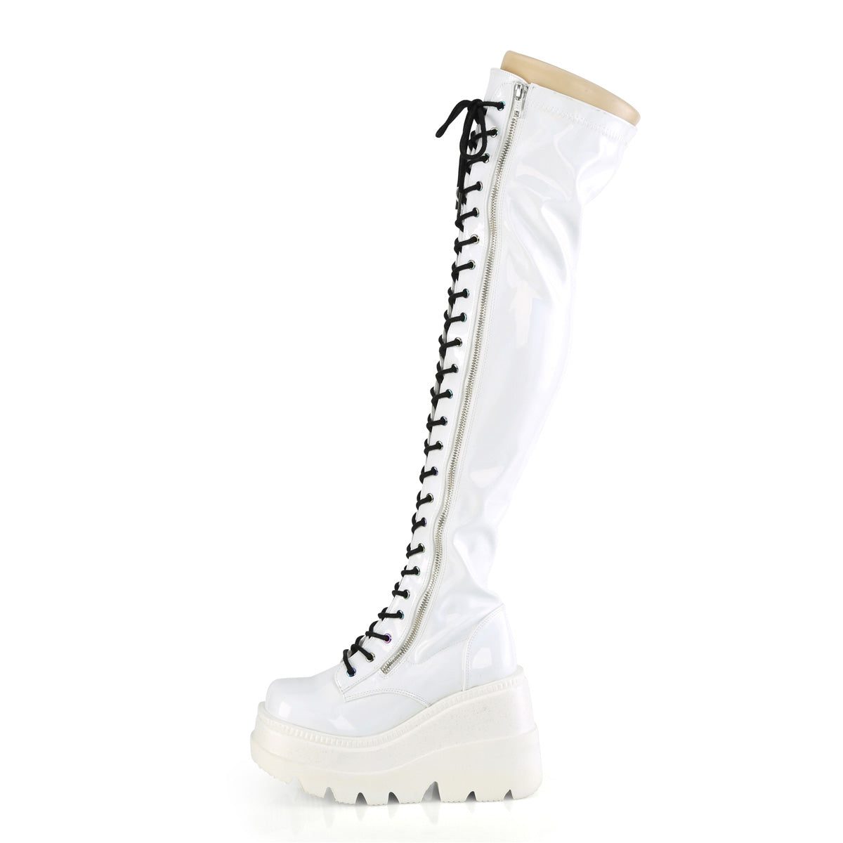 SHAKER-374 Demonia White Hologram Stretch Patentent Women's Over-the-Knee Boots (Sexy Shoes)