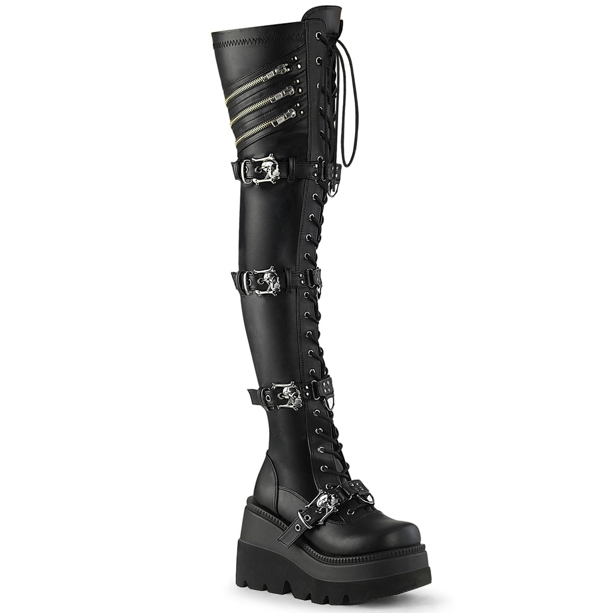 SHAKER-420 Alternative Footwear Demonia Women's Over-the-Knee Boots Blk Stretch Vegan Leather