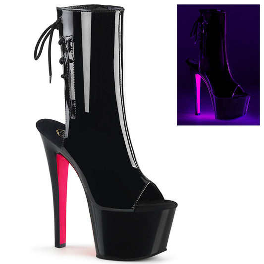 SKY-1018TT Strippers Heels Pleaser Platforms (Exotic Dancing) Blk Pat/Blk-Neon H. Pink