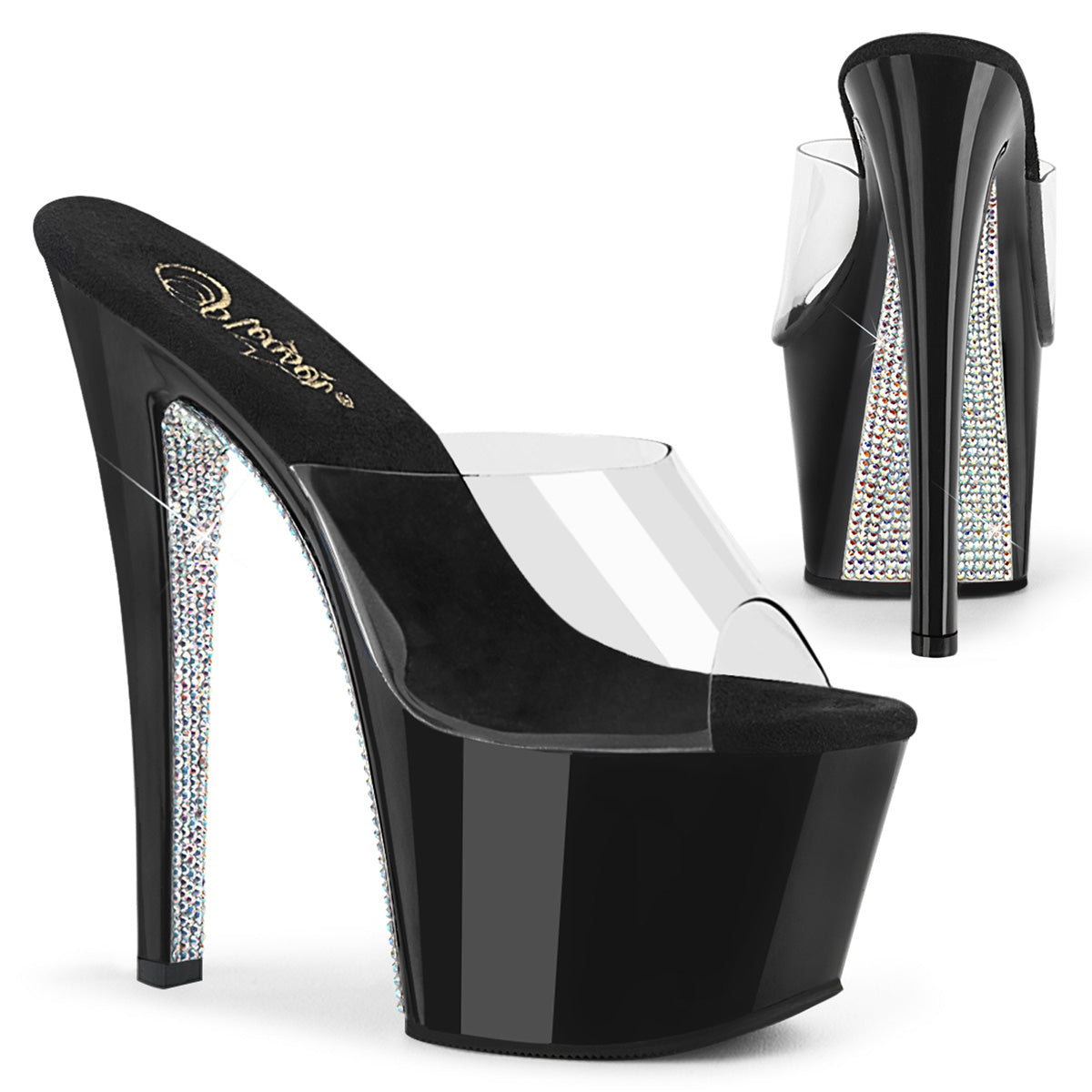 SKY-301CRS Strippers Heels Pleaser Platforms (Exotic Dancing) Clr/Blk-Slv AB Rhinestone