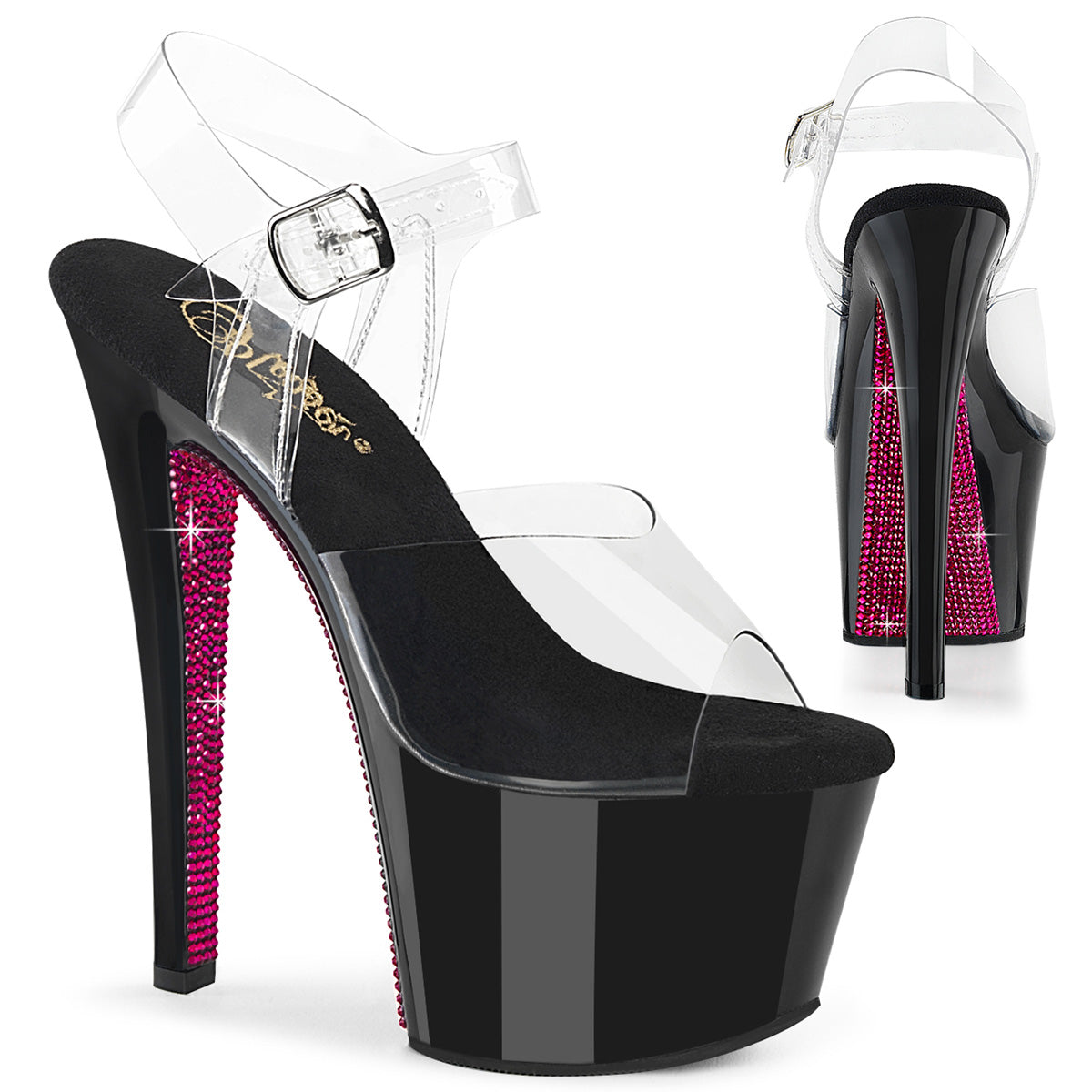 SKY-308CRS Pleaser Clear/Black-H Pink Rhinestones Platform Shoes (Sexy Shoes)