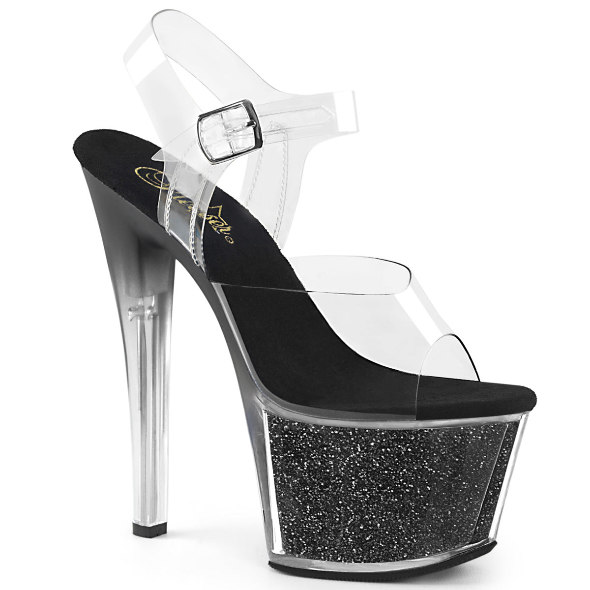 SKY-308G-T Strippers Heels Pleaser Platforms (Exotic Dancing) Clr/Blk Glitter Inserts