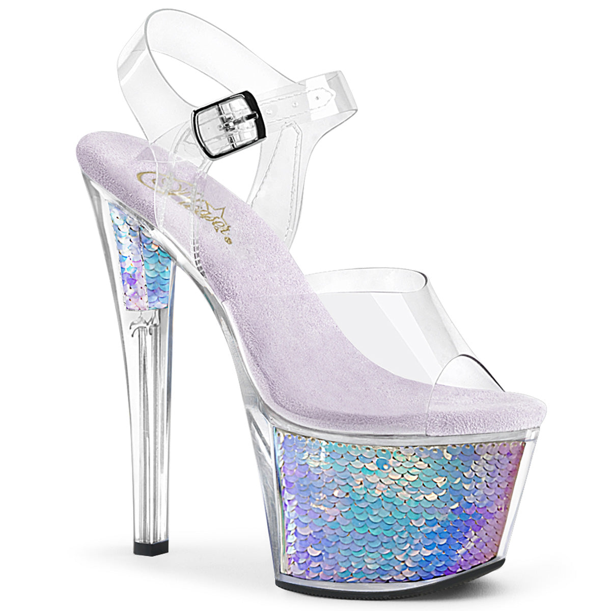 SKY-308MC Strippers Heels Pleaser Platforms (Exotic Dancing) Clr/Lavender Hologram Inserts