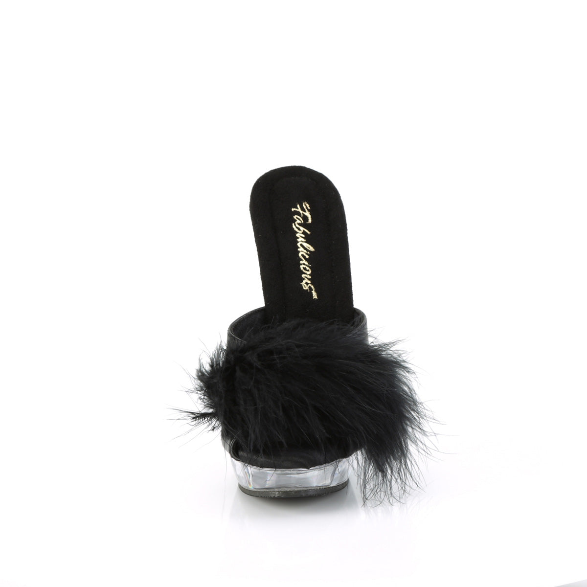 SULTRY-601F Fabulicious Black Pu-Marabou Fur/Clear Shoes (Sexy Shoes)